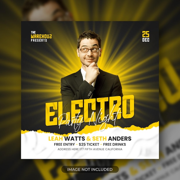 PSD electro party flyer sociale media vierkante post en webbanner