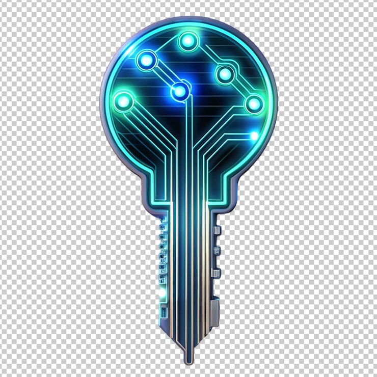 PSD electronic circuit futuristic neon key on transparent background