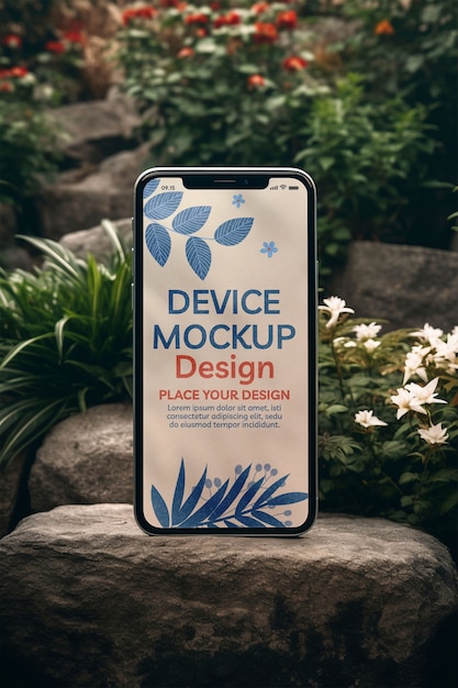 PSD electronic device mockup in garden