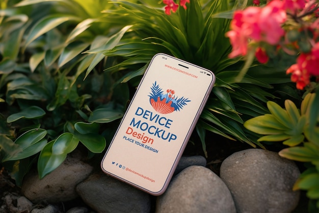 PSD electronic device mockup in garden