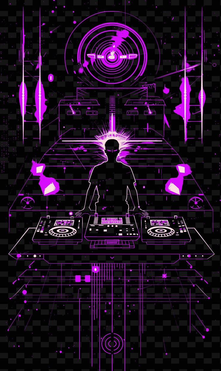 PSD electronic music producer performing on a futuristic stage w vector illustration music poster idea
