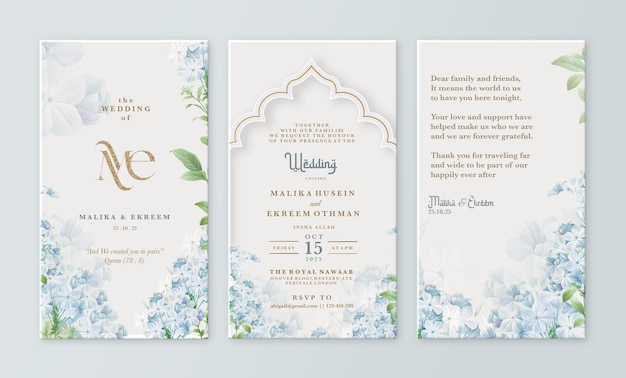 PSD electronic muslim wedding invitation template with blue flower