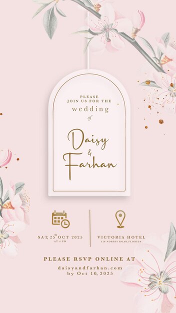 PSD electronic wedding invitation with cherry blossom on pink background