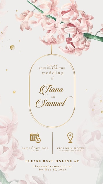 Electronic wedding invitation with pink flower