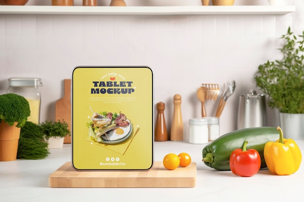 PSD electronics device mockup in a kitchen