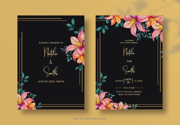 PSD elegancka i romantyczna karta zaproszenie na ślub z ręcznie rysowanymi miękkimi kwiatami i liśćmi psd
