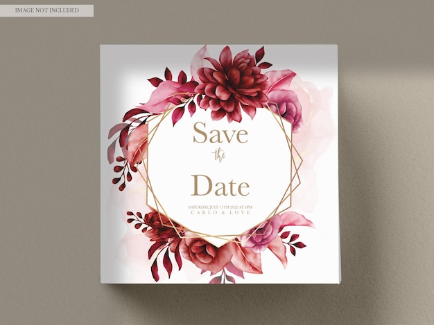 PSD elegancki czerwony bordowy kwiatowy szablon karty zaproszenie na ślub