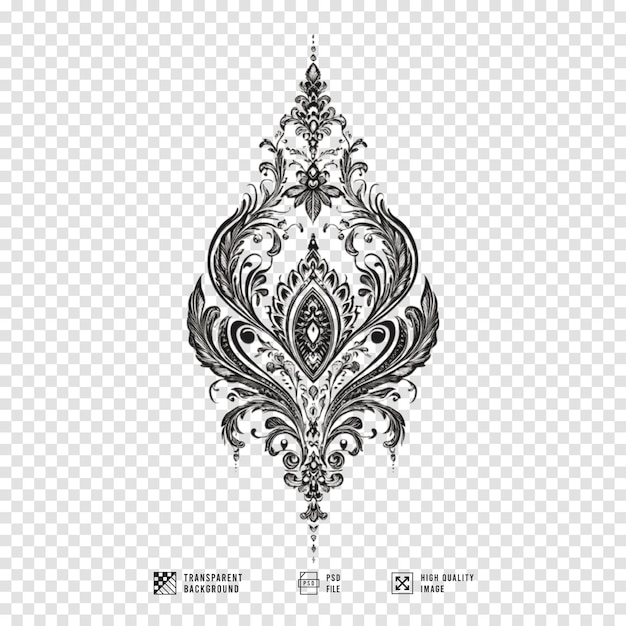 elegancki i skomplikowany czarny damasz wzór tatuażu z przezroczystym tłem