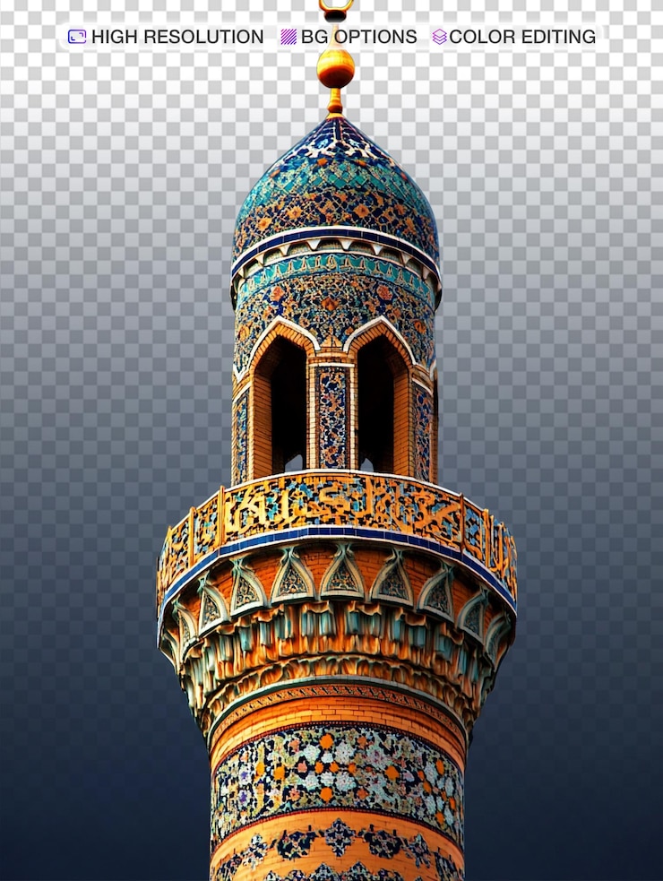 PSD elegancki islamski minaret na tle jasnego niebieskiego nieba