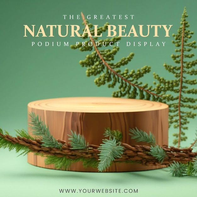 PSD eleganckie i naturalne drewniane podium z gałązką modrzewia na zielonym tle dla produktu pokazowego