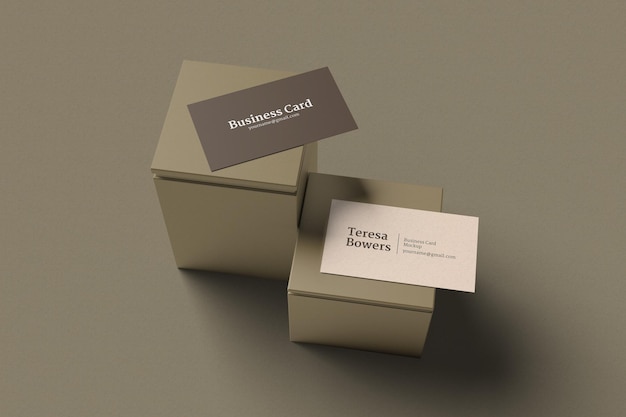 Elegant 3d business card on brown box mockup