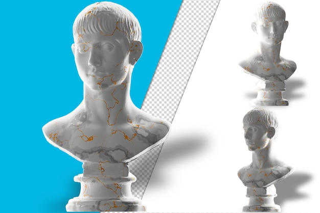 PSD Элегантный 3d-рендеринг статуи молодого человека с короткими волосами из белого мрамора и золотой модной одежды
