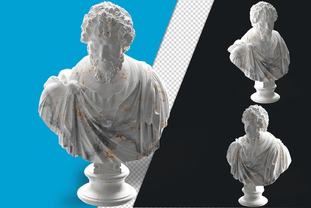 Elegant 3d render of roman emperor statue in white marble and gold for apparel and album covers