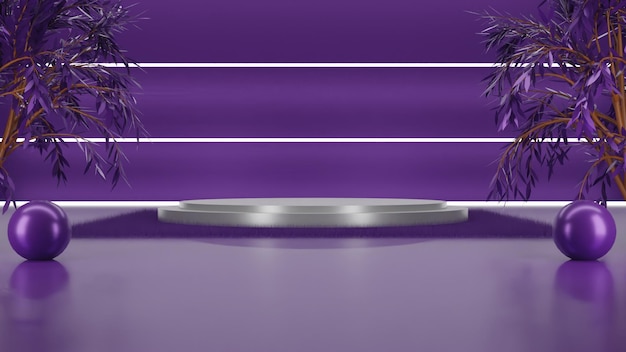 Elegant 3d render silver podium on purple background with light and trees