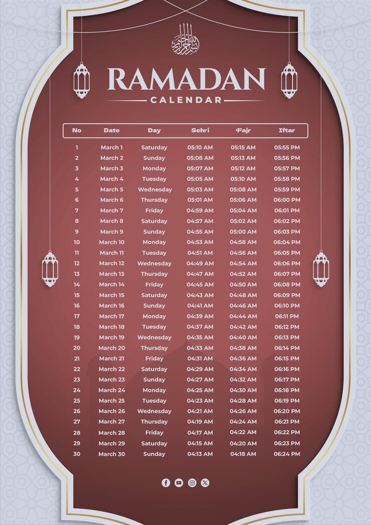 PSD elegant and classic ramadan schedule timetable poster with lanterns and mosque
