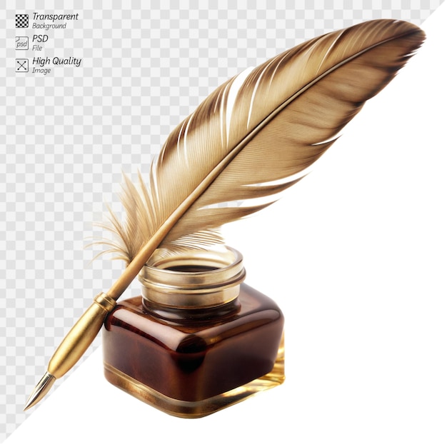 PSD elegant antique quill pen and ink bottle on a clear background