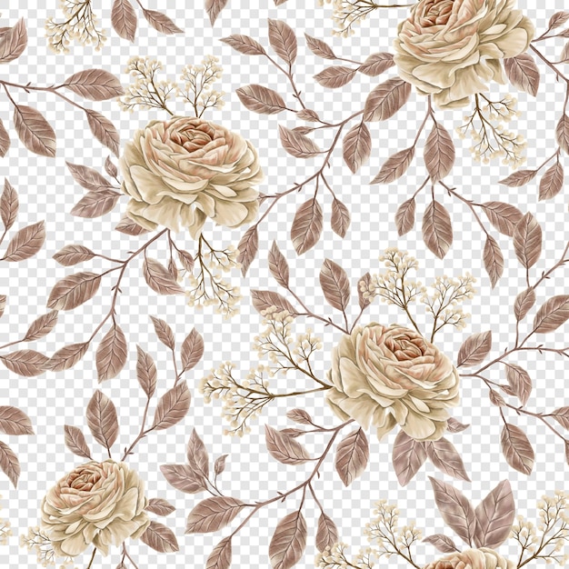 Elegant autumn fall white rose pattern with autumnal flowers and fall leaves