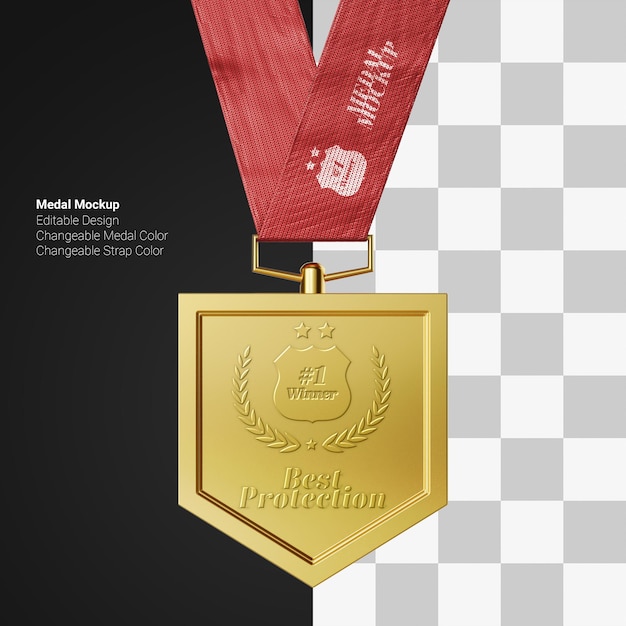 Elegant award shield shape gold medal pendant with strap editable realistic mockup