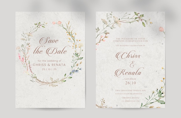 Elegant and beauty white wedding invitation with boho wildflower watercolor