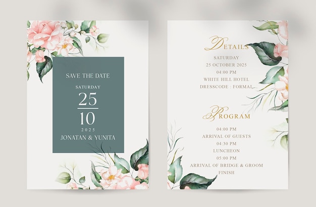 Elegant and beauty white wedding invitation with watercolor peach pink