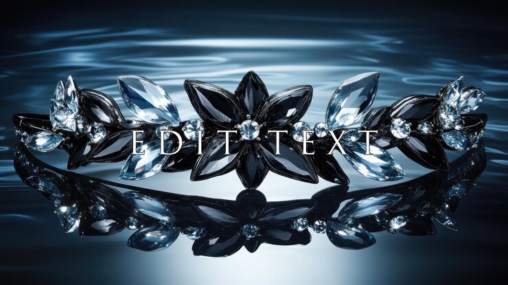 PSD elegant black and clear crystal floral hair comb reflected on dark water