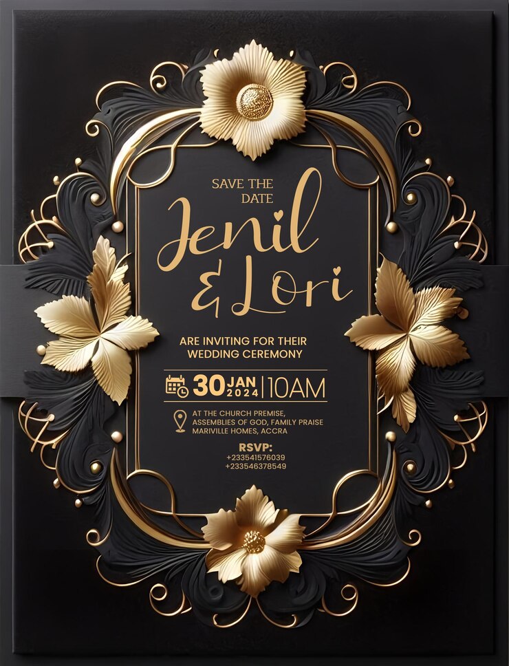PSD elegant black and gold wedding invitation card
