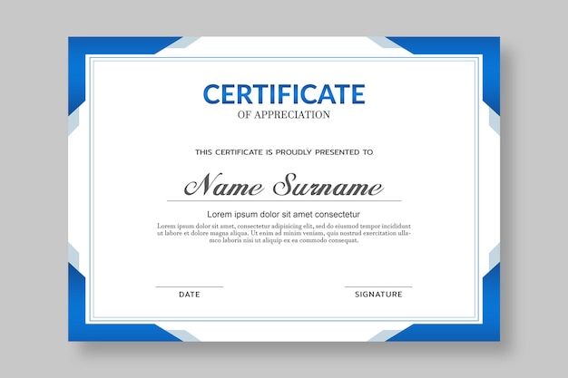 PSD elegante modello di certificato blu