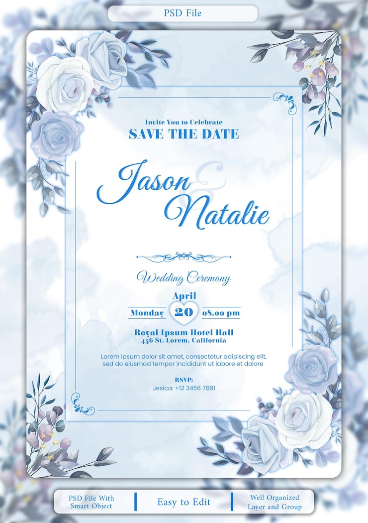 PSD elegant blue floral wedding invitation save the date