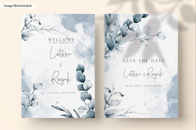 PSD elegant blue watercolor leaves wedding invitation card