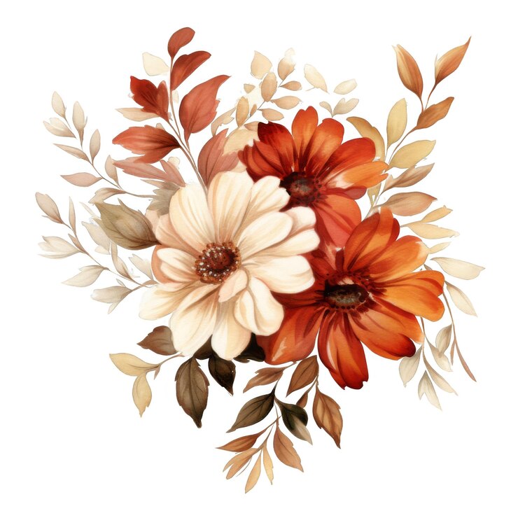PSD elegant bouquet of cream and burnt orange flowers with foliage