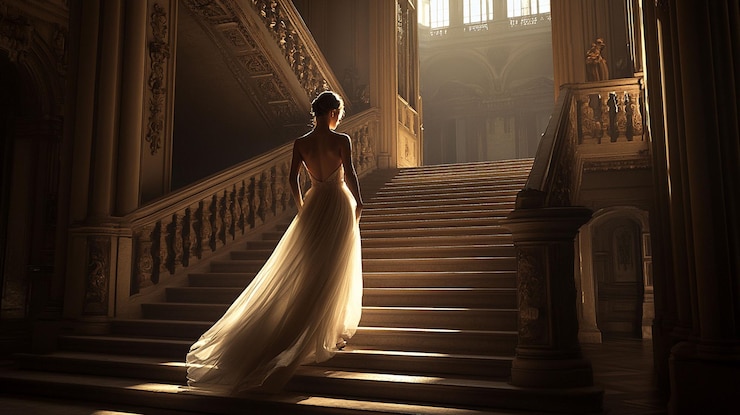 PSD elegant bride ascends grand staircase in ornate palace sunlight streaming through arched windows