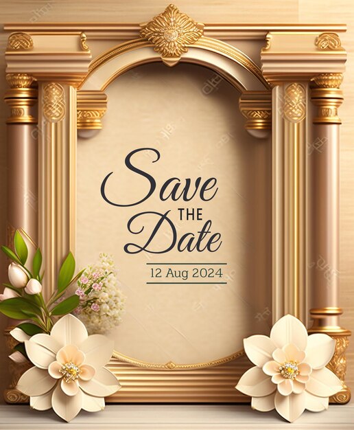 PSD elegant bruiloftsuitnodigingsmodel met gouden frame en bloemenaccenten