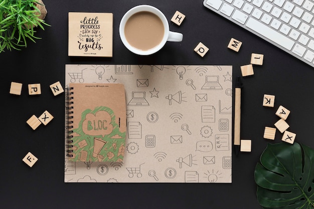 PSD elegant business desk design with notebook mock-up