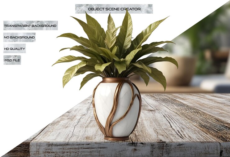 PSD elegant ceramic and wood pots with lush green plants perfect for interior decor mockups