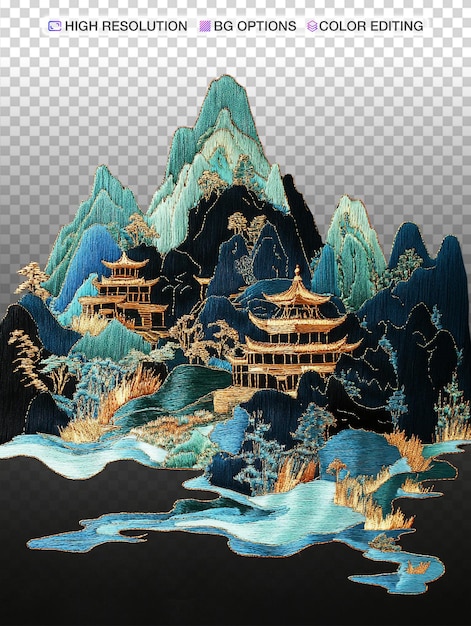 Elegant Chinees landschap met gouden en blauwe bergen