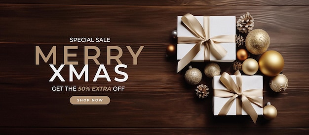 PSD elegant christmas sale banner template with gifts and ornaments