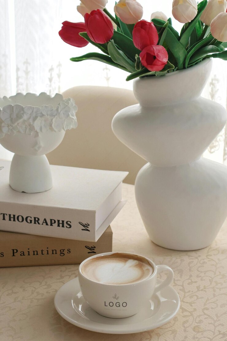 PSD elegant coffee and tulips still life in a cozy setting