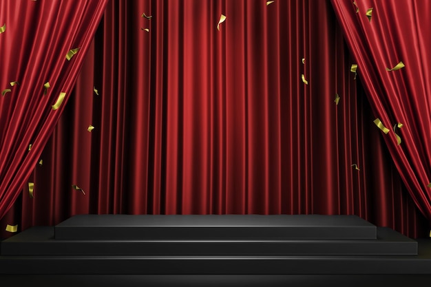 PSD elegant composition red stage curtain podium product display showcase psd background