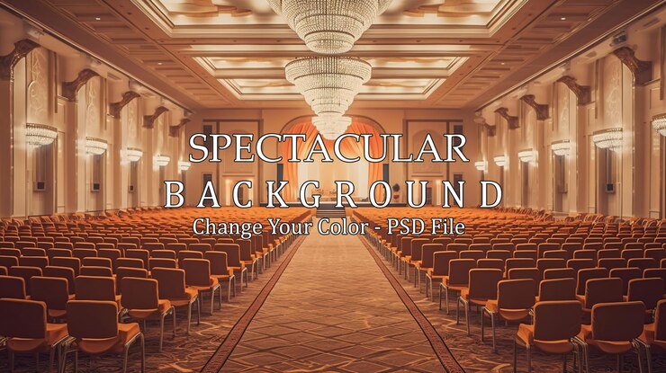 PSD elegant conference hall with rows of orange chairs and chandeliers