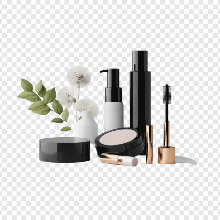 PSD elegant cosmetics set featuring black and gold packaging with delicate white flowers