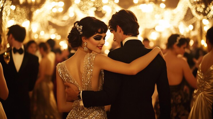 PSD elegant couple dancing at a glamorous 1920s ballroom party