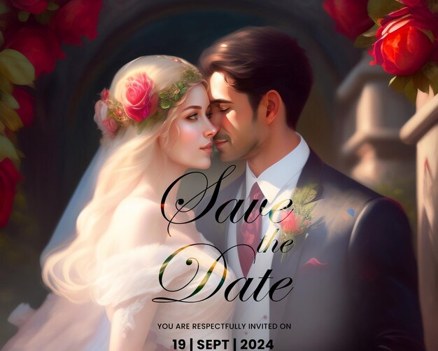 PSD elegant couple wedding invitation template designromantic roses save the date wedding card illustrat