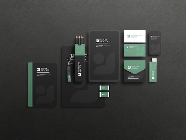 PSD elegante mockup set stazionario scuro