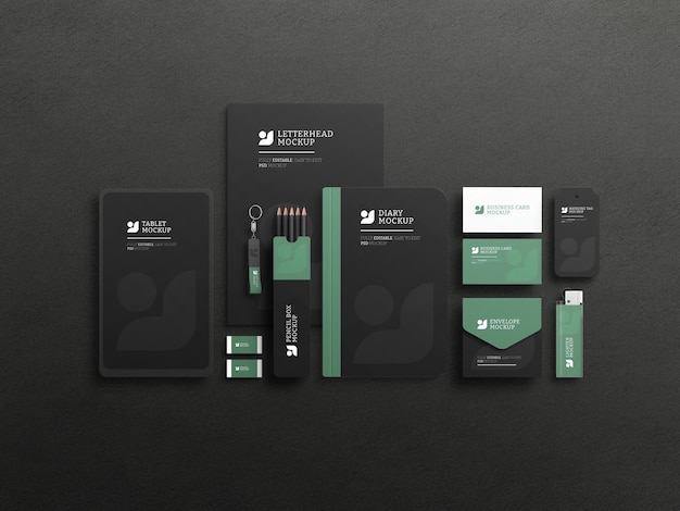 Elegante mockup set stazionario scuro