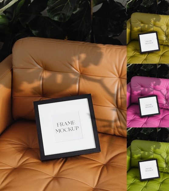 Elegant decorative frame mockup on leather sofa