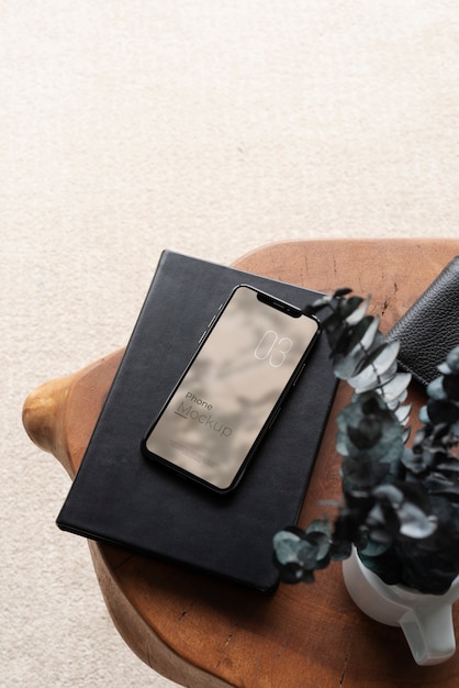 elegant desk setup with smartphone mock-up design