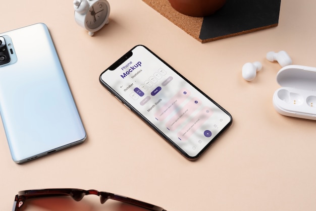 elegant desk setup with smartphone mock-up design