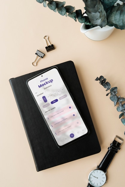 elegant desk setup with smartphone mock-up