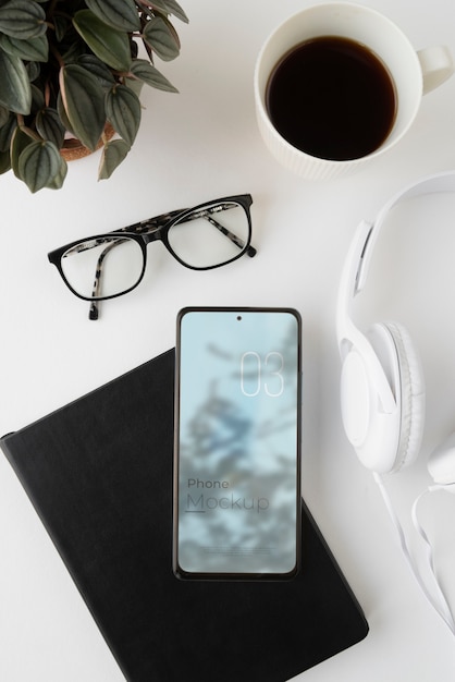 elegant desk setup with smartphone mock-up