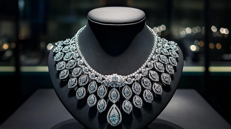 PSD elegant diamond necklace displayed on a black stand